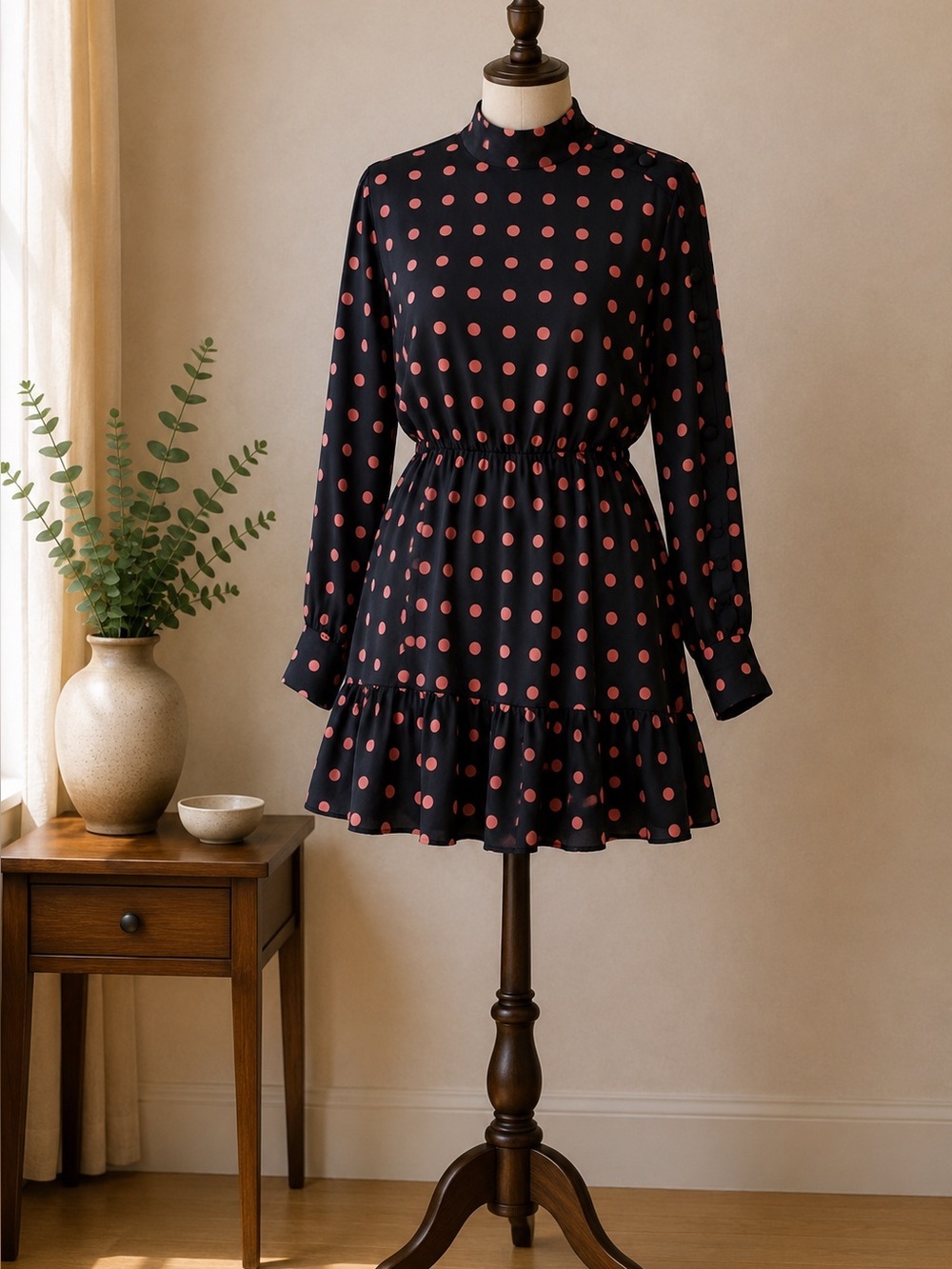 Zara Basic Black Pink Polka Dot Mock Neck Ruffle Mini Dress XS Retro Feminine
